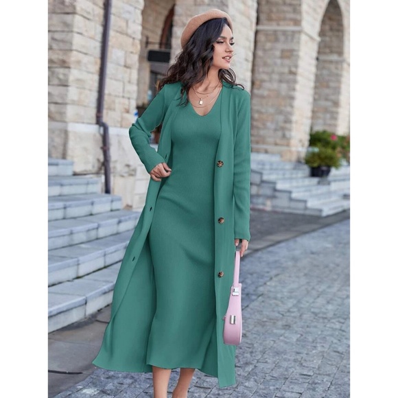 Rouge! Sweaters - 2 Piece Set: Knit Midi Pencil Dress and Long Cardigan Button Through Green